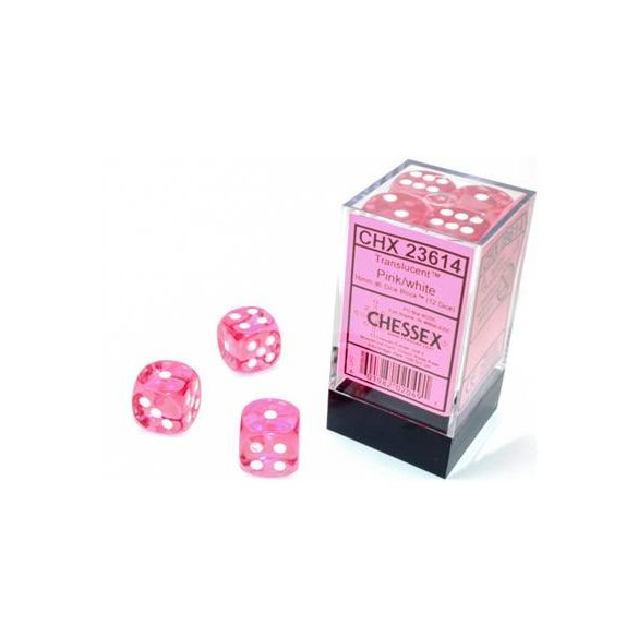 Chessex Translucent Pink/white 16mm d6 Dice Block (12 dice)-23614