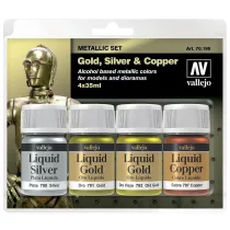 Vallejo - Liquid Gold / 4 colors set - Alcohol-based Metallic Set - Gold (2), Silver & Copper 35 ml-70199