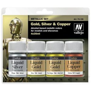 Vallejo - Liquid Gold / 4 colors set - Alcohol-based Metallic Set - Gold (2), Silver & Copper 35 ml-70199
