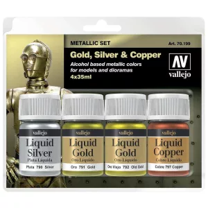 Vallejo - Liquid Gold / 4 colors set - Alcohol-based Metallic Set - Gold (2), Silver & Copper 35 ml-70199