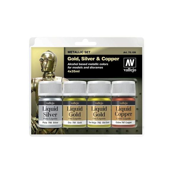 Vallejo - Liquid Gold / 4 colors set - Alcohol-based Metallic Set - Gold (2), Silver & Copper 35 ml-70199
