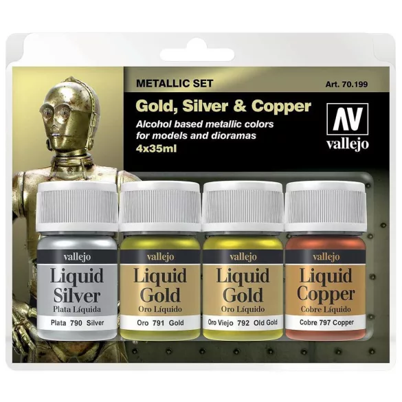 Vallejo - Liquid Gold / 4 colors set - Alcohol-based Metallic Set - Gold (2), Silver & Copper 35 ml-70199