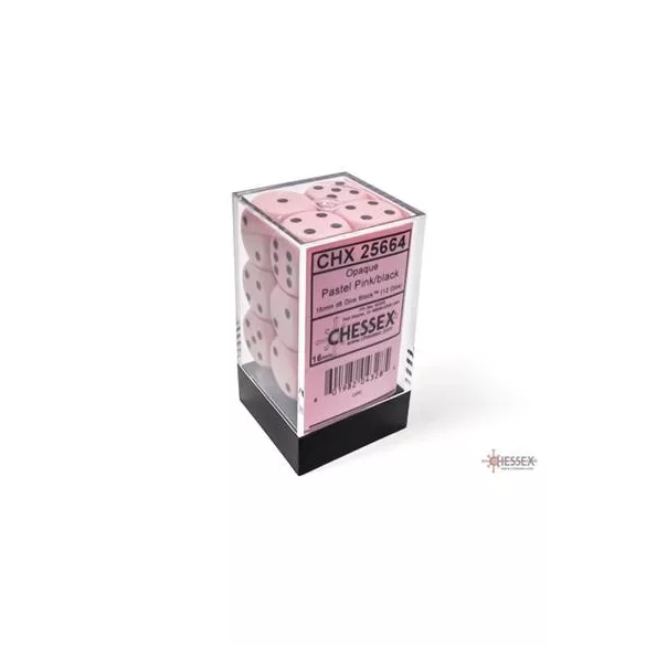Chessex Opaque Pastel Pink/black 16mm d6 Dice Block (12 dice)-25664