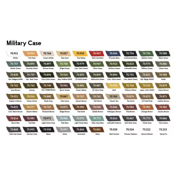 Vallejo - Model Color / 80 colors case - Military Case includes: 76 colors + 4 auxiliaries 18 ml-70253