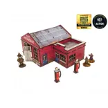 WW2 Normandy Garage benzinkúttal, előre festett terepasztal-épület, 28 mm / 1:56