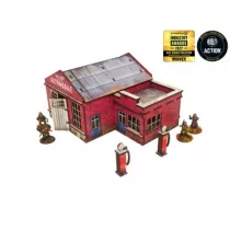 WW2 Normandy Garage benzinkúttal, előre festett terepasztal-épület, 28 mm / 1:56