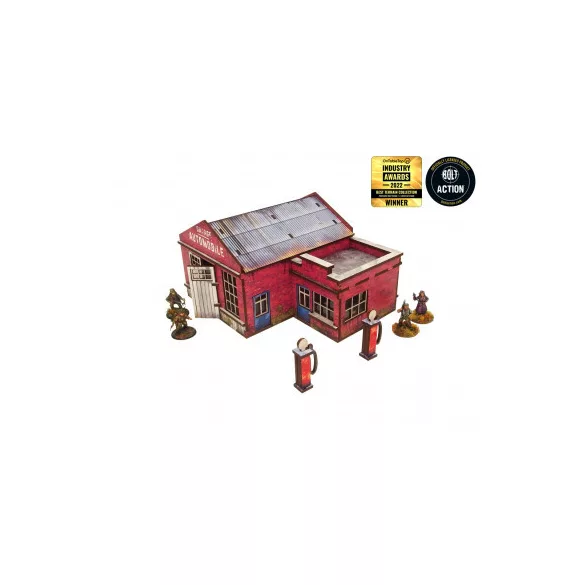WW2 Normandy Garage benzinkúttal, előre festett terepasztal-épület, 28 mm / 1:56