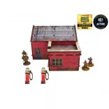 WW2 Normandy Garage benzinkúttal, előre festett terepasztal-épület, 28 mm / 1:56