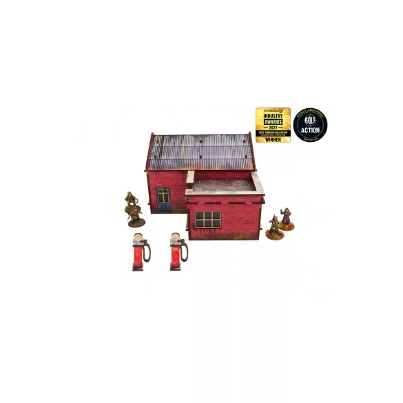 WW2 Normandy Garage benzinkúttal, előre festett terepasztal-épület, 28 mm / 1:56