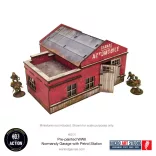 WW2 Normandy Garage benzinkúttal, előre festett terepasztal-épület, 28 mm / 1:56