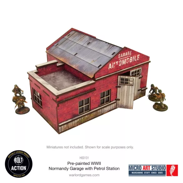 WW2 Normandy Garage benzinkúttal, előre festett terepasztal-épület, 28 mm / 1:56