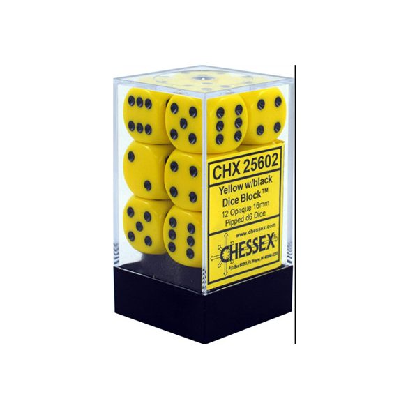Chessex Opaque 16mm d6 with pips Dice Blocks (12 Dice) - Yellow w/black-25602