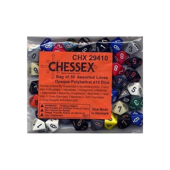 Chessex Opaque Bags of 50 Asst. Dice - Loose Opaque Polyhedral d10 Dice-29410