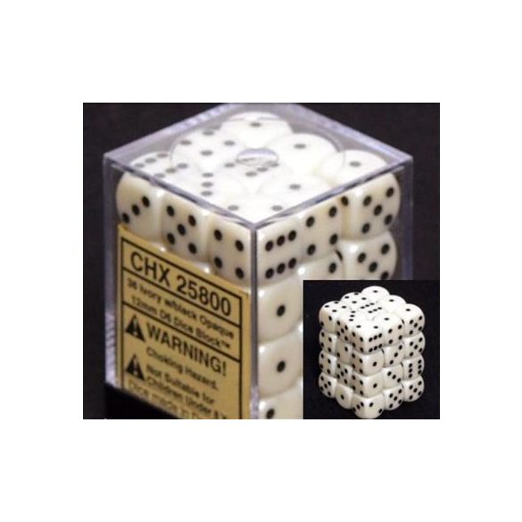 Chessex Opaque 12mm d6 with pips Dice Blocks (36 Dice) - Ivory w/black-25800