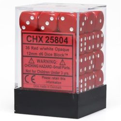 Chessex Opaque 12mm d6 with pips Dice Blocks (36 Dice) - Red w/white-25804
