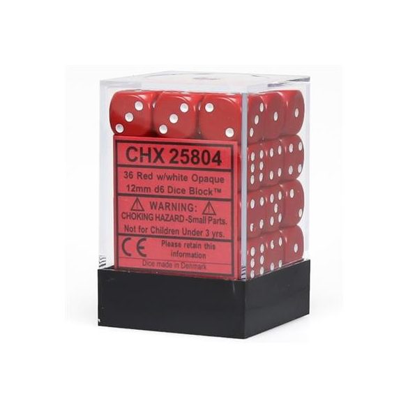 Chessex Opaque 12mm d6 with pips Dice Blocks (36 Dice) - Red w/white-25804
