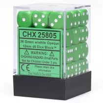 Chessex Opaque 12mm d6 with pips Dice Blocks (36 Dice) - Green w/white-25805