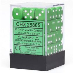 Chessex Opaque 12mm d6 with pips Dice Blocks (36 Dice) - Green w/white-25805