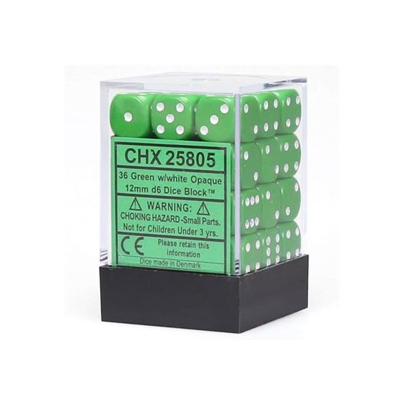 Chessex Opaque 12mm d6 with pips Dice Blocks (36 Dice) - Green w/white-25805