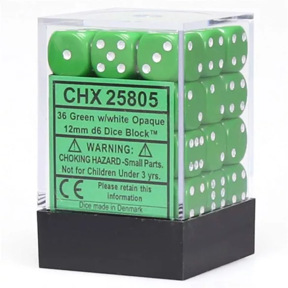 Chessex Opaque 12mm d6 with pips Dice Blocks (36 Dice) - Green w/white-25805