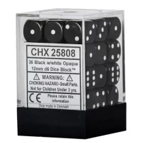 Chessex Opaque 12mm d6 with pips Dice Blocks (36 Dice) - Black w/white-25808