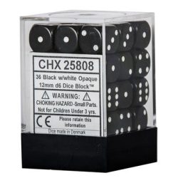 Chessex Opaque 12mm d6 with pips Dice Blocks (36 Dice) - Black w/white-25808
