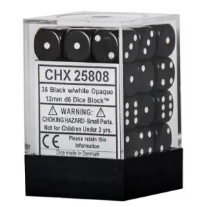 Chessex Opaque 12mm d6 with pips Dice Blocks (36 Dice) - Black w/white-25808