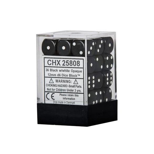 Chessex Opaque 12mm d6 with pips Dice Blocks (36 Dice) - Black w/white-25808