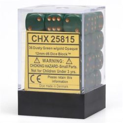 Chessex Opaque 12mm d6 with pips Dice Blocks (36 Dice) - Dusty Green w/gold-25815