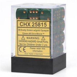 Chessex Opaque 12mm d6 with pips Dice Blocks (36 Dice) - Dusty Green w/gold-25815