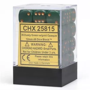 Chessex Opaque 12mm d6 with pips Dice Blocks (36 Dice) - Dusty Green w/gold-25815