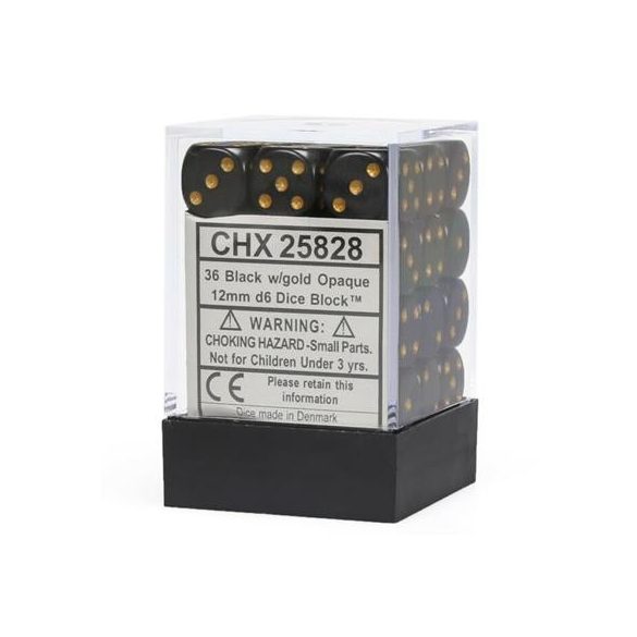 Chessex Opaque 12mm d6 with pips Dice Blocks (36 Dice) - Black w/gold-25828