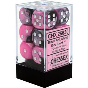Chessex Gemini 16mm d6 with pips Dice Blocks (12 Dice) - Black-Pink w/white-26630