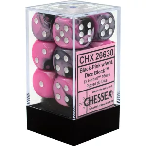 Chessex Gemini 16mm d6 with pips Dice Blocks (12 Dice) - Black-Pink w/white-26630