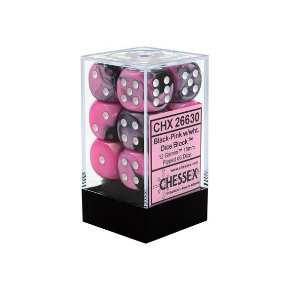 Chessex Gemini 16mm d6 with pips Dice Blocks (12 Dice) - Black-Pink w/white-26630