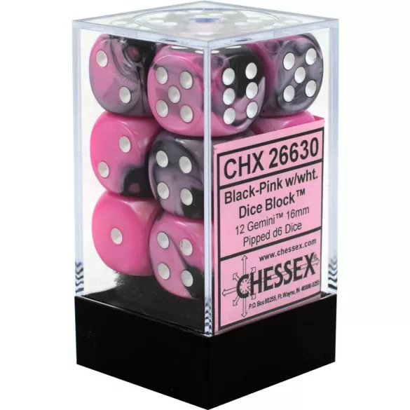 Chessex Gemini 16mm d6 with pips Dice Blocks (12 Dice) - Black-Pink w/white-26630