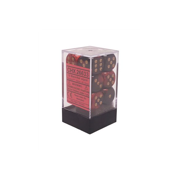 Chessex Gemini 16mm d6 with pips Dice Blocks (12 Dice) - Black-Red w/gold-26633