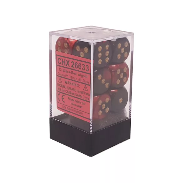 Chessex Gemini 16mm d6 with pips Dice Blocks (12 Dice) - Black-Red w/gold-26633