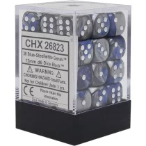Chessex Gemini 12mm d6 Dice Blocks with pips Dice Blocks (36 Dice) - Blue-Steel w/white-26823