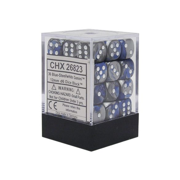 Chessex Gemini 12mm d6 Dice Blocks with pips Dice Blocks (36 Dice) - Blue-Steel w/white-26823