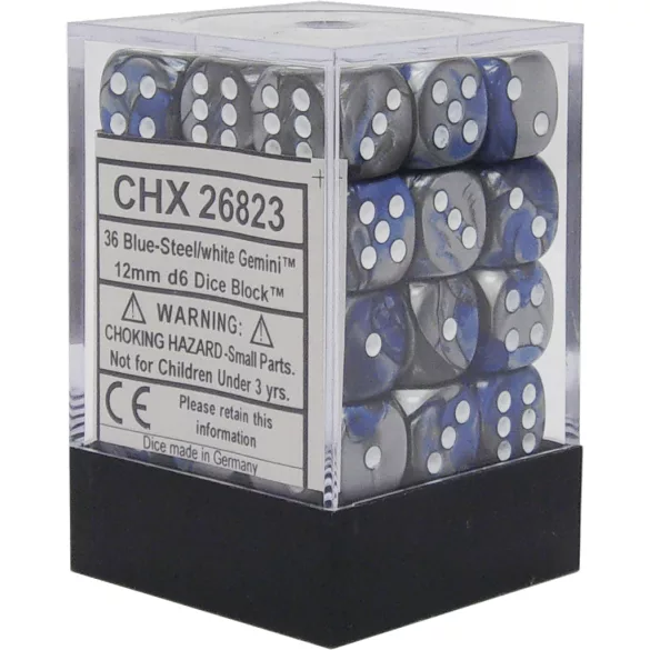 Chessex Gemini 12mm d6 Dice Blocks with pips Dice Blocks (36 Dice) - Blue-Steel w/white-26823