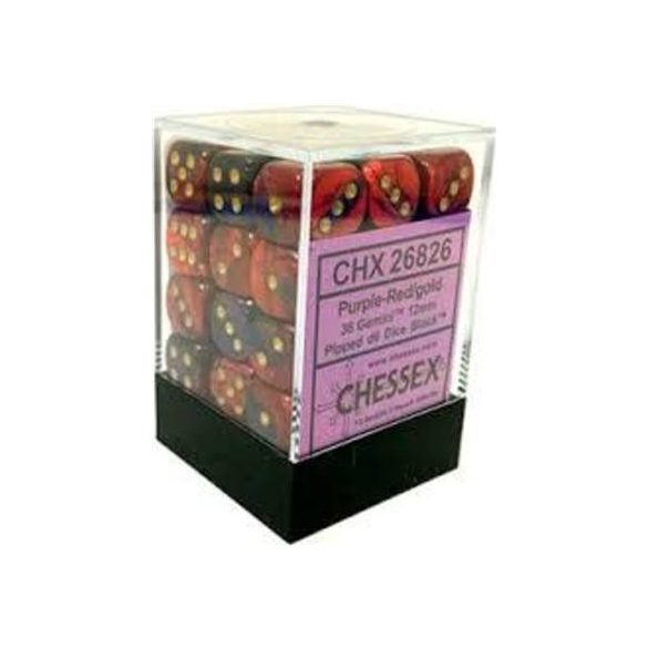 Chessex Gemini 12mm d6 Dice Blocks with pips Dice Blocks (36 Dice) - Purple-Red w/gold-26826