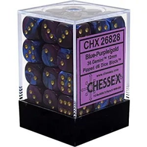 Chessex Gemini 12mm d6 Dice Blocks with pips Dice Blocks (36 Dice) - Blue-Purple w/gold-26828