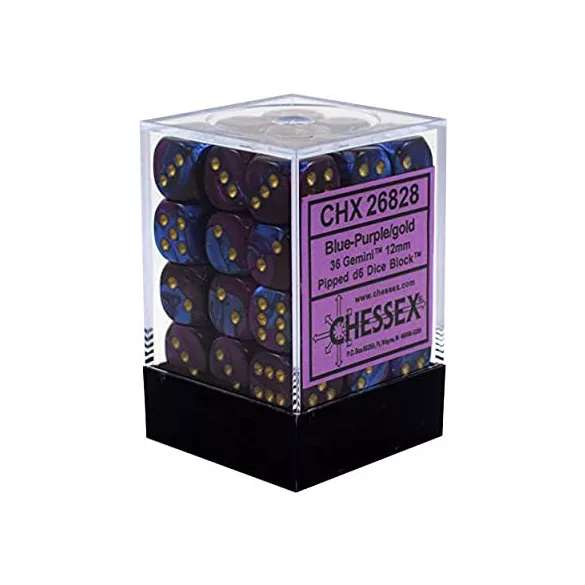 Chessex Gemini 12mm d6 Dice Blocks with pips Dice Blocks (36 Dice) - Blue-Purple w/gold-26828