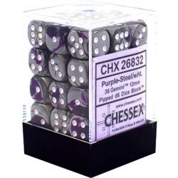 Chessex Gemini 12mm d6 Dice Blocks with pips Dice Blocks (36 Dice) - Purple-Steel w/white-26832