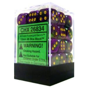 Chessex Gemini 12mm d6 Dice Blocks with pips Dice Blocks (36 Dice) - Green-Purple w/gold-26834