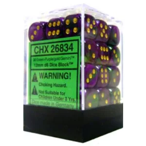 Chessex Gemini 12mm d6 Dice Blocks with pips Dice Blocks (36 Dice) - Green-Purple w/gold-26834
