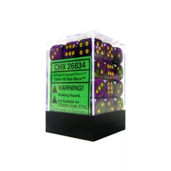Chessex Gemini 12mm d6 Dice Blocks with pips Dice Blocks (36 Dice) - Green-Purple w/gold-26834