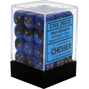 Chessex Gemini 12mm d6 Dice Blocks with pips Dice Blocks (36 Dice) - Black-Blue w/gold-26835