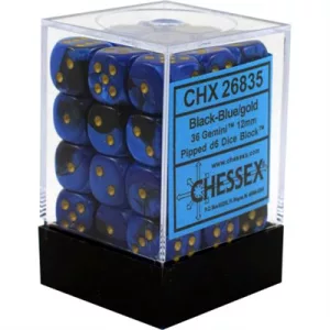 Chessex Gemini 12mm d6 Dice Blocks with pips Dice Blocks (36 Dice) - Black-Blue w/gold-26835